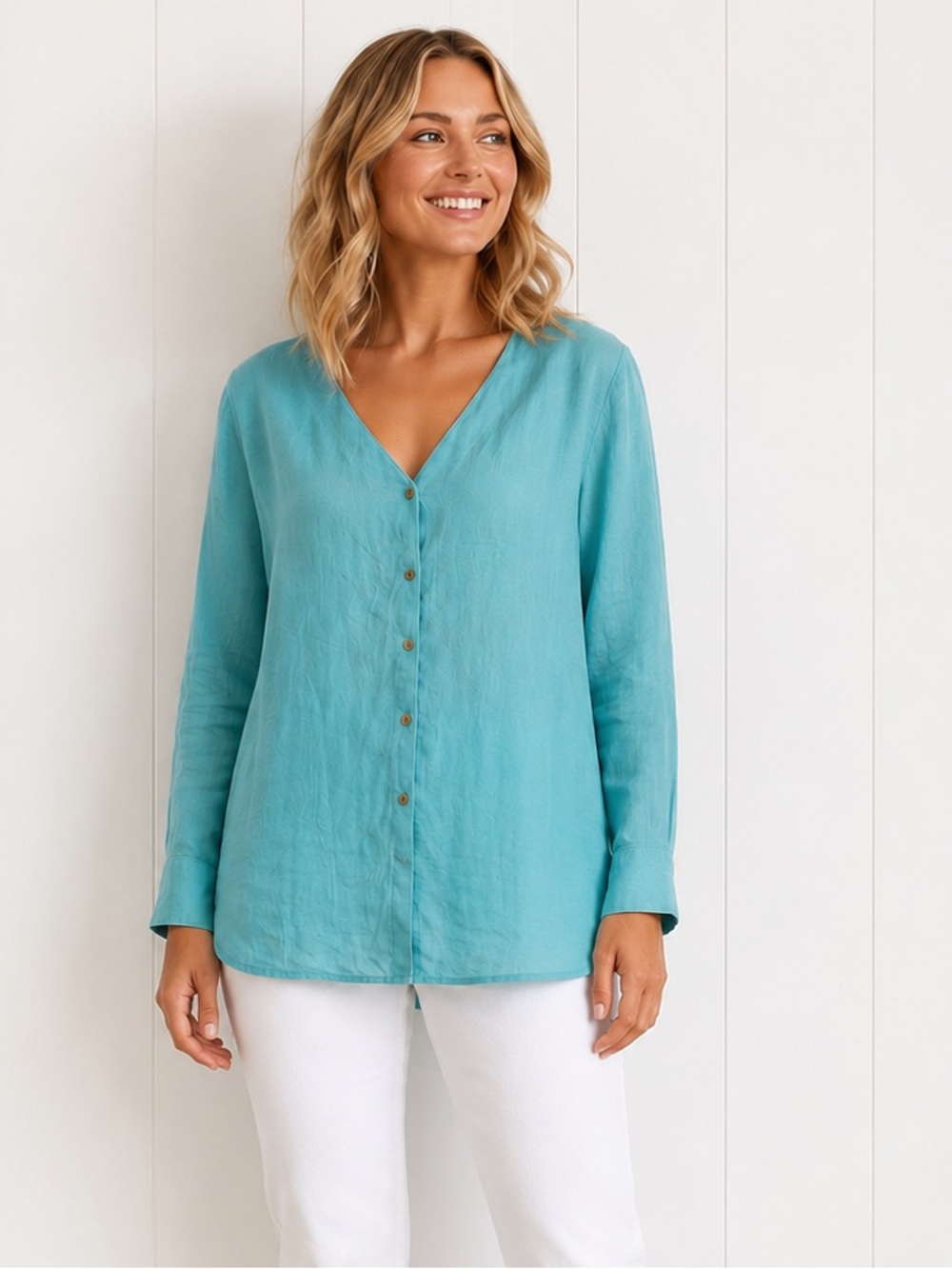 J Jill Blouse Tunic 100% Linen Coastal Lightweight Resort Aqua Blue Medium
